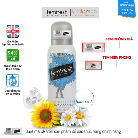 Xịt Thơm Mát Vùng Kín Femfresh Khử Mùi, Lưu Hương 12H Ultimate Care Active Deodorant Spray 125ml