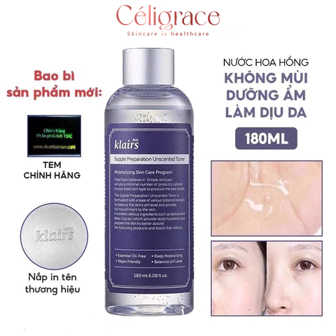 Nước Hoa Hồng Klairs Không Mùi Cho Da Nhạy Cảm Supple Preparation Unscented Toner 180ml