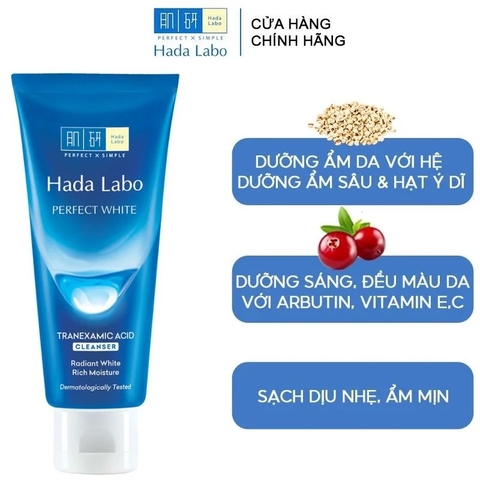 Kem Rửa Mặt Hada Labo Sạch Sâu, Dưỡng Sáng Da Perfect White Tranexamic Acid Cleanser 80g