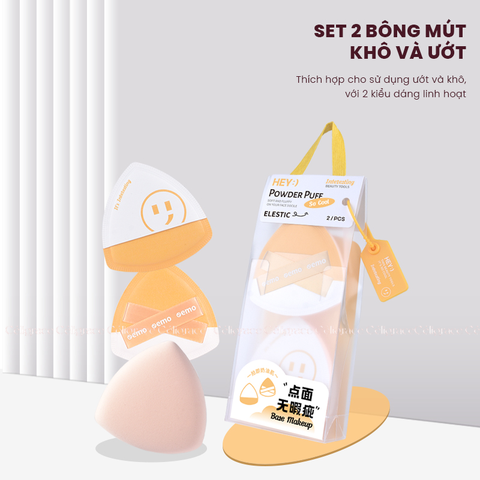 H-9010 - Set 2 Bông Mút Khô Và Ướt Dày HEY Powder Puff 33g (Vàng)