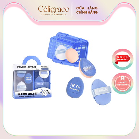 H-9049 - Hộp Set 5 Bông Phấn Mini Xỏ Ngón HEY Kèm Giỏ Đựng Xinh Xắn