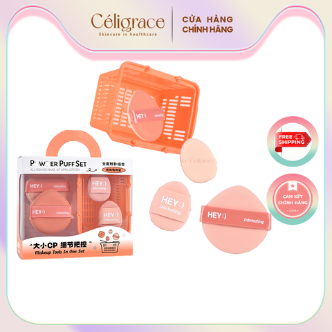 H-9067 - Hộp Set 4 Bông Phấn HEY Kèm Giỏ Đựng Xinh Xắn (Cam)