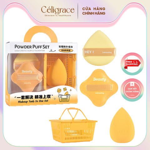 H-9034 - Hộp Set 3 Bông Phấn Khô Và Ướt HEY Kèm Giỏ Đựng Xinh Xắn