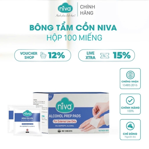Bông Tẩm Cồn Tiệt Trùng Niva Hộp 100 Miếng Dùng Để Làm Sạch Và Khử Trùng Trước Khi Tiêm