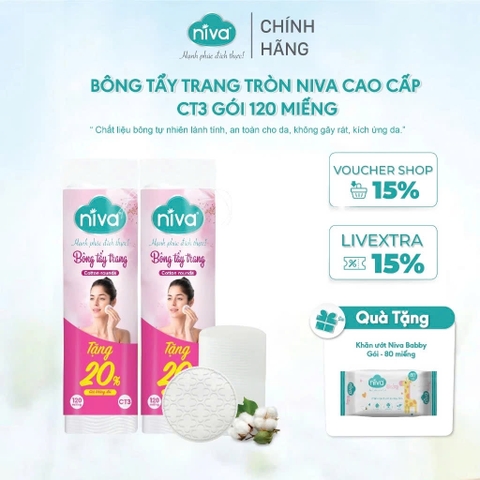 [Mua 2 Tặng 1] Bông Tẩy Trang Tròn Niva Cao Cấp CT3 Gói 120 Miếng Bông Tự Nhiên Mềm Mại Tẩy Trang, Rửa Mặt