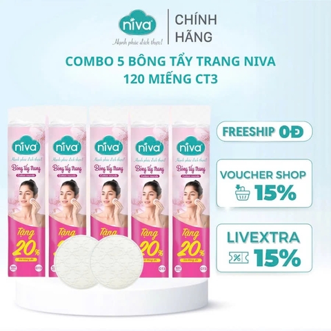 [Combo 5] Bông Tẩy Trang Tròn Niva Cao Cấp CT3 Gói 120 Miếng Bông Tự Nhiên Mềm Mại Tẩy Trang, Rửa Mặt