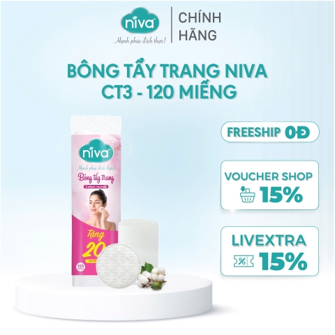 Bông Tẩy Trang Tròn Niva Cao Cấp CT3 Gói 120 Miếng Bông Tự Nhiên Mềm Mại Tẩy Trang, Rửa Mặt