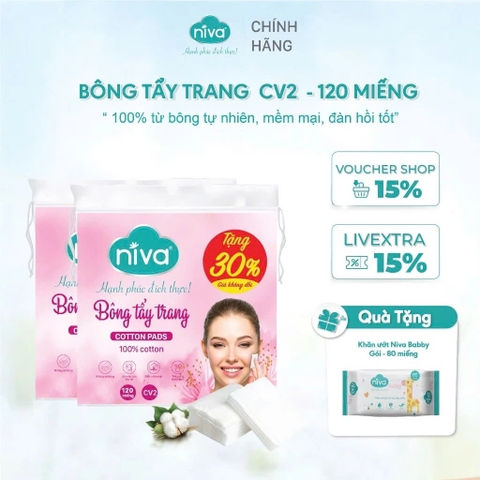 [Mua 3 Tặng 1] Bông Tẩy Trang Vuông NIVA CV2 – Túi 120 Miếng, Bông Tự Nhiên Cao Cấp, Dịu Nhẹ Cho Da