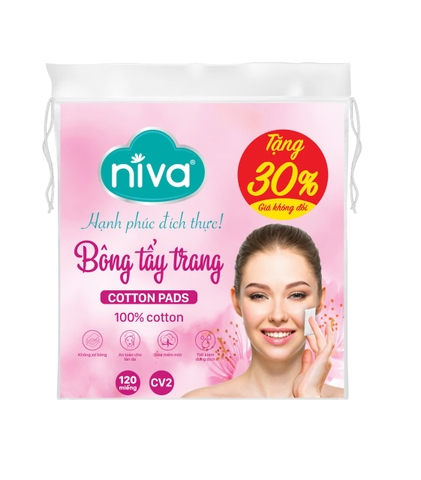 Bông Tẩy Trang Vuông NIVA CV2 – Túi 120 Miếng, Bông Tự Nhiên Cao Cấp, Dịu Nhẹ Cho Da