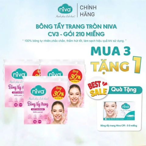 [Mua 3 Tặng 1] Bông Tẩy Trang Vuông NIVA CV3 Túi 210 Miếng – Bông Tự Nhiên Cao Cấp, Bản Cải Tiến