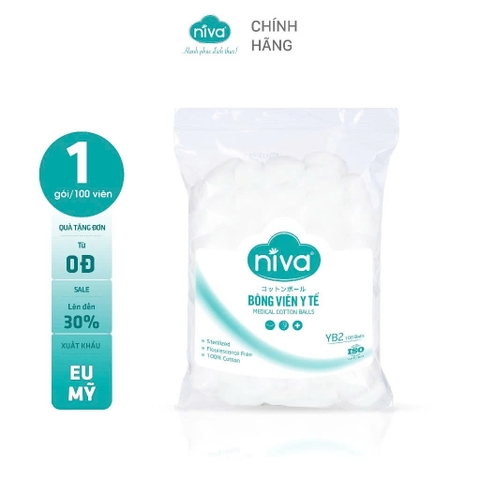 Gói 100 Bông Gòn Viên Tròn Y Tế Niva YB2 Đường Kính 27mm Nhét Tai Cho Mẹ, Phụ Nữ Sau Sinh An Toàn Tiệt Trùng