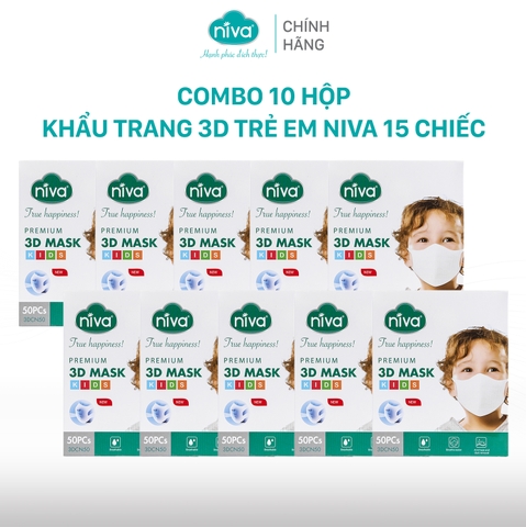 Combo 10 Khẩu Trang 3D Trẻ Em NIVA Hộp 15 Cái Cấu Trúc 3 Lớp Ngăn Bụi Mịn Kháng Khuẩn Hàng Chính Hãng Cao Cấp Cho Bé Từ 1-6 Tuổi