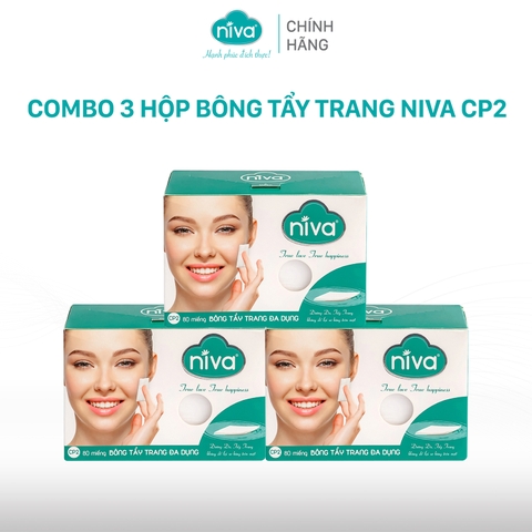 Combo 3 Bông Tẩy Trang Vuông Niva CP2 Cao Cấp Bông Tự Nhiên, Công Nghệ Kháng Khuẩn An Toàn Cho Da Dầu Mụn Nhạy Cảm