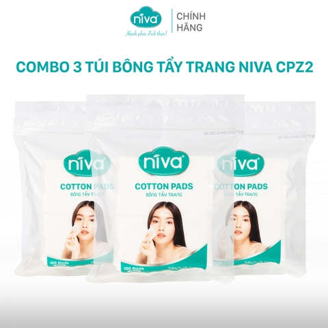 Combo 3 Bông Tẩy Trang Vuông Niva CPZ2 Cao Cấp Bông Tự Nhiên, Công Nghệ Kháng Khuẩn An Toàn Cho Da Dầu Mụn Nhạy Cảm