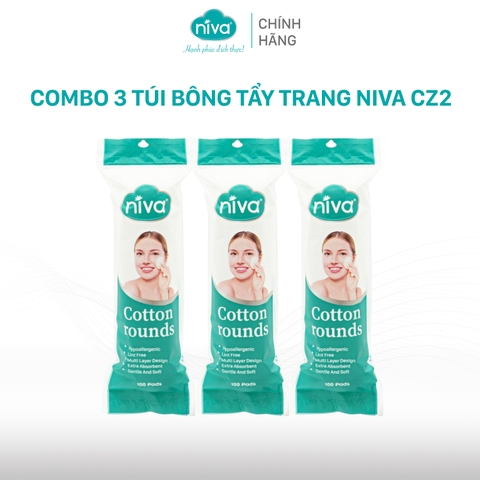 Combo 3 Bông Tẩy Trang Tròn Niva CZ2 Cao Cấp Bông Tự Nhiên, Công Nghệ Kháng Khuẩn An Toàn Cho Da Dầu Mụn Nhạy Cảm