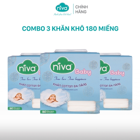 Combo 3 Khăn Vải Khô Đa Năng NIVA Hộp 180 Tờ Tiện Dụng, Chất Liệu Cotton Tự Nhiên An Toàn Cho Bé