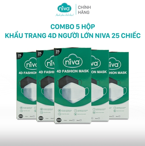 Combo 5 Khẩu Trang Niva 4D Mask KF94 Người Lớn 25 Chiếc Ngăn Bụi Mịn, Kháng Khuẩn, Không Kích Ứng Da, Hàng Chính Hãng