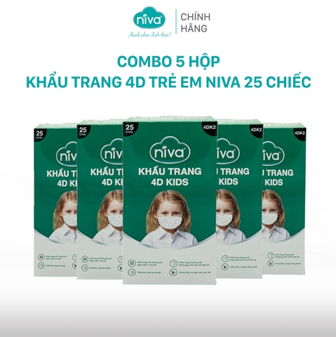 Combo 5 Khẩu Trang Niva 4D Mask KF94 Trẻ Em 25 Chiếc Ngăn Bụi Mịn, Kháng Khuẩn, Không Kích Ứng Da, Hàng Chính Hãng