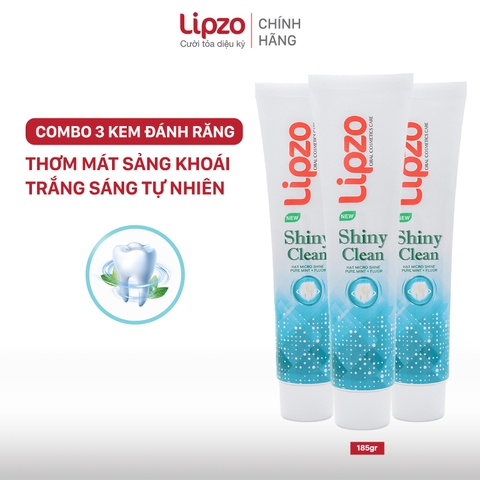 Combo 3 Kem Đánh Răng Bạc Hà Lipzo Shiny Clean Vị The Mát Diệt Khuẩn 185g Khử Mùi, Không Bào Mòn Men Răng Từ Khoáng Chất Vỏ Sò