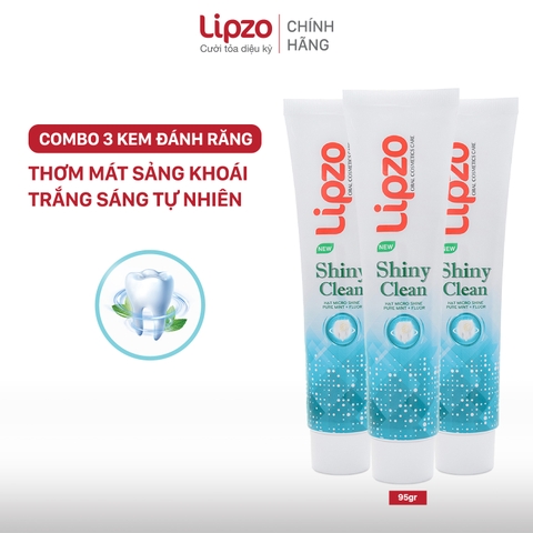 Combo 3 Kem Đánh Răng Lipzo Shiny Clean Vị The Mát Diệt Khuẩn 95g Khử Mùi, Không Bào Mòn Men Răng Từ Khoáng Chất Vỏ Sò