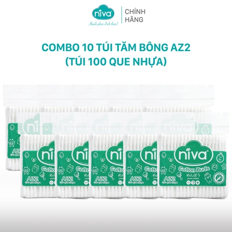 Combo 10 Tăm Bông Niva Túi 100 Que Thân Nhựa AZ2 Đa Năng Chuyên Dùng Ngoáy Tai, Vệ Sinh, Trang Điểm