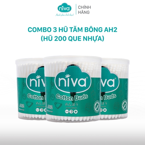 Combo 3 Tăm Bông Niva Hũ Xoay 200 Que Thân Nhựa AH2 Đa Năng Chuyên Dùng Ngoáy Tai, Vệ Sinh, Trang Điểm