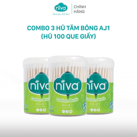 Combo 3 Tăm Bông Niva Hũ 100 Que Thân Giấy AJ1 Đa Năng Chuyên Dùng Ngoáy Tai, Trang Điểm, Thân Thiện Môi Trường