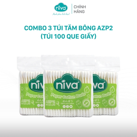 Combo 3 Tăm Bông Niva Túi 100 Que Thân Giấy AZP2 Đa Năng Chuyên Dùng Ngoáy Tai, Vệ Sinh, Trang Điểm