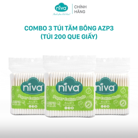 Combo 3 Tăm Bông Niva Túi 200 Que Thân Giấy AZP3 Đa Năng Chuyên Dùng Ngoáy Tai, Vệ Sinh Trang Điểm Thân Thiện Môi Trường