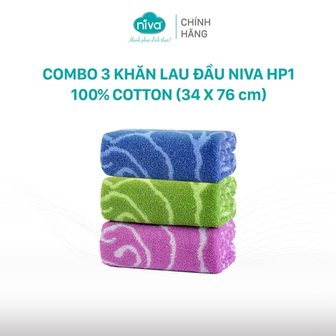 Combo 3 Khăn Lau Đầu Sợi Tre Pha Cotton Tự Nhiên Niva HP1 Mềm Mịn Thấm Nước An Toàn Cho Da, Hoa Văn Kích Thước 340x760 mm