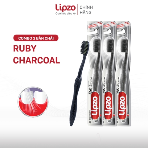 Combo 3 Bàn Chải Đánh Răng Lipzo Ruby Charcoal Dành Cho Nhạy Cảm Công Nghệ Chỉ Tơ Than Hoạt Tính Kháng Khuẩn Siêu Mềm