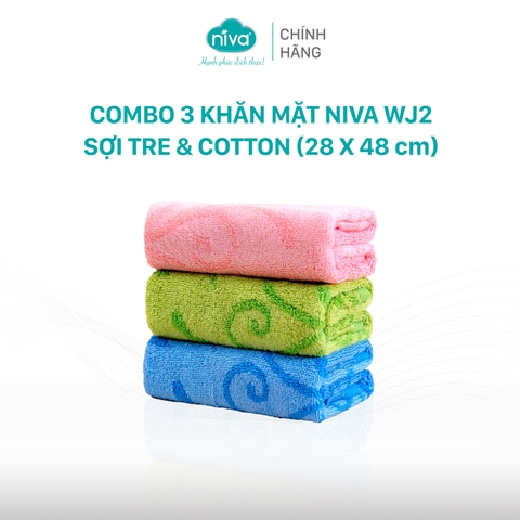 Combo 3 Khăn Mặt Sợi Tre Pha Cotton Tự Nhiên Niva WJ2 Mềm Mịn Thấm Nước An Toàn Cho Da Họa Tiết Hoa Văn Kích Thước 280x480 mm