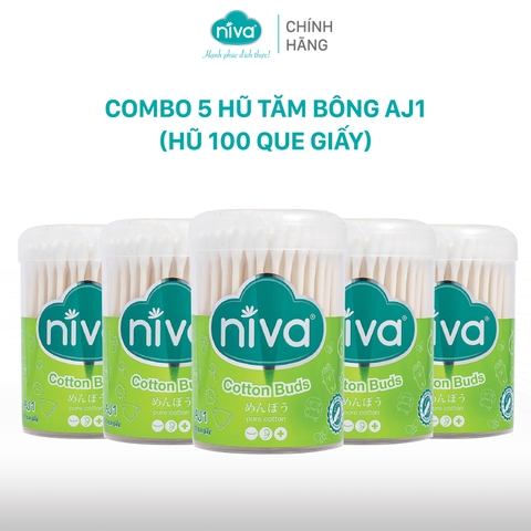 Combo 5 Tăm Bông Niva Hũ 100 Que Thân Giấy AJ1 Đa Năng Chuyên Dùng Ngoáy Tai, Vệ Sinh, Trang Điểm