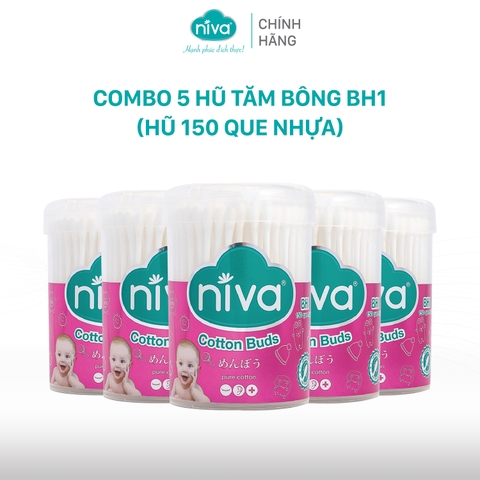 Combo 5 Tăm Bông Niva Cho Trẻ Sơ Sinh Hũ 150 Que Thân Nhựa BH1 Bông Tự Nhiên, Công Nghệ Kháng Khuẩn An Toàn Cho Bé