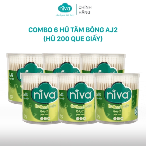 Combo 6 Tăm Bông Niva Hũ 200 Que Thân Giấy AJ2 Đa Năng Chuyên Dùng Ngoáy Tai, Vệ Sinh, Trang Điểm, Thân Thiện Môi Trường