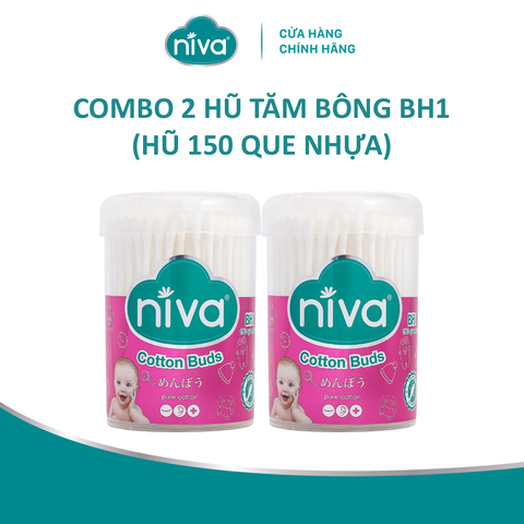 Combo 2 Tăm Bông Niva Cho Trẻ Sơ Sinh Hũ Xoay 150 Que Thân Nhựa BH1 Bông Tự Nhiên, Công Nghệ Kháng Khuẩn An Toàn Cho Bé