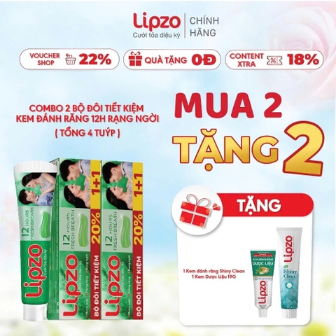 Bộ 2 Kem Đánh Răng Lipzo 12 Giờ Rạng Ngời 185g – Thơm Mát, Giảm Hôi Miệng Hiệu Quả, Ngừa Sâu Răng