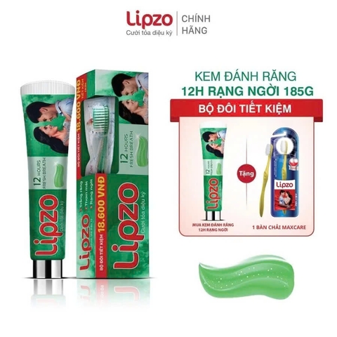 Bộ Đôi Tiết Kiệm Kem Đánh Răng Lipzo 12 Giờ Rạng Ngời 185g Và Bàn Chải Đánh Răng Maxcare