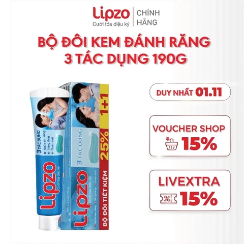 Bộ Đôi Kem Đánh Răng Lipzo 3 Tác Dụng 2 Tuýp 190g – Trắng Răng, Ngừa Sâu Răng, Thơm Mát, Tiết Kiệm