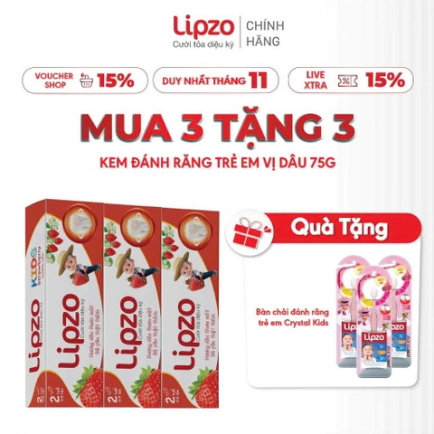 [Mua 3 Tặng 3] Kem Đánh Răng Trẻ Em Lipzo Vị Dâu 75g +Tặng 3 Bàn Chải Lipzo Crystal Kids Bảo Vệ Răng Sữa