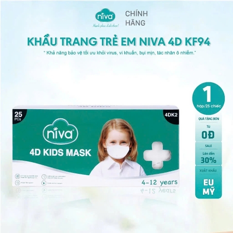 Khẩu Trang Niva 4D Mask KF94 Trẻ Em 25 Chiếc Ngăn Bụi Mịn, Kháng Khuẩn, Không Kích Ứng Da, Hàng Chính Hãng