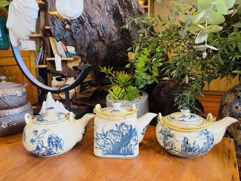 Bộ ấm chén men kem vẽ bèo cao cấp