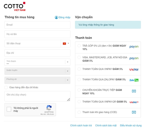 Lần đầu tiên, mua TBVS trả góp với lãi suất 0% tại Cotto.vn