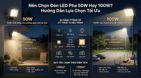 Nên Chọn Đèn LED Pha 50W Hay 100W? So Sánh Chi Tiết Từ A–Z