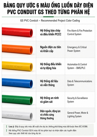 Bảng quy ước 6 màu ống luồn dây điện PVC Conduit GS theo từng phân hệ
