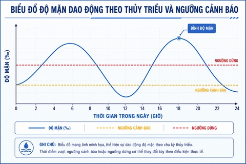 Biểu đồ độ mặn dao động theo thủy triều và ngưỡng cảnh báo