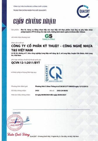 Giấy chứng nhận QCVN 12-1:2011/BYT cho ống PP-R kháng khuẩn GS