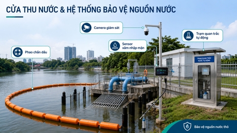 Cửa thu nước có phao chắn dầu, camera, sensor xâm nhập mặn, trạm quan trắc tự động
