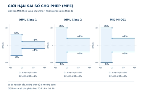 Vùng sai số MPE của đồng hồ điện từ đo giao nhận từ Q1 đến Q4.