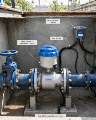 Lắp đặt flowmeter và datalogger trong hố van DMA